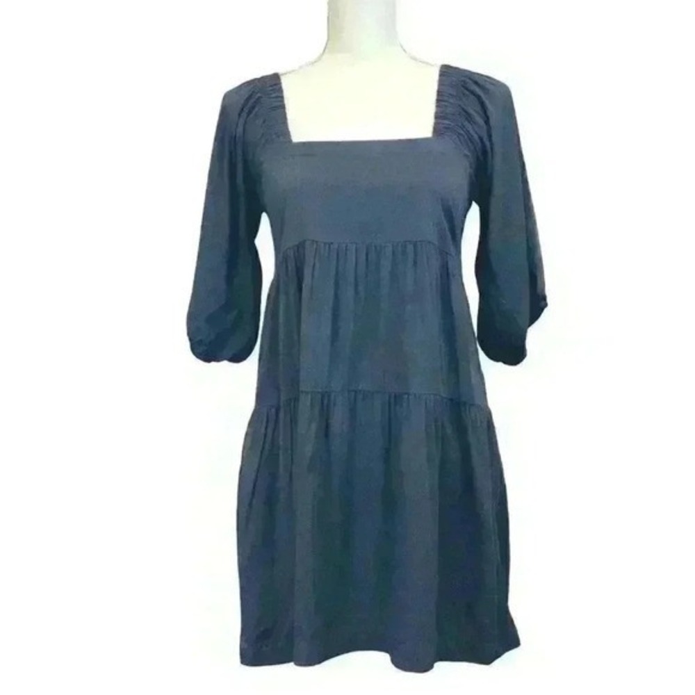 Shinestar Grey Blue Square Neck Babydoll Dress‎ Tiered Skirt 3/4 Sleeve Size XS